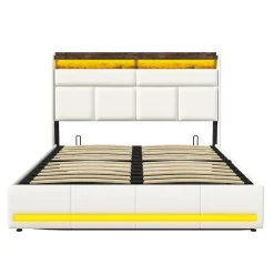 Simple Life Lit Coffre 140x200 Avec Sommier Et USB, LED, Cadre De Lit Avec Rangement Et Tete De Lit, Blanc Outlet