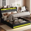 Simple Life Lit Coffre 160x200 Avec Sommier Et USB, LED, Cadre De Lit Avec Rangement Et Tete De Lit, Noir