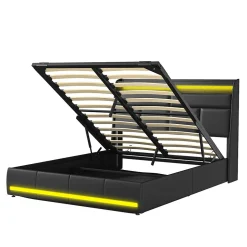 Simple Life Lit Coffre 160x200 Avec Sommier Et USB, LED, Cadre De Lit Avec Rangement Et Tete De Lit, Noir