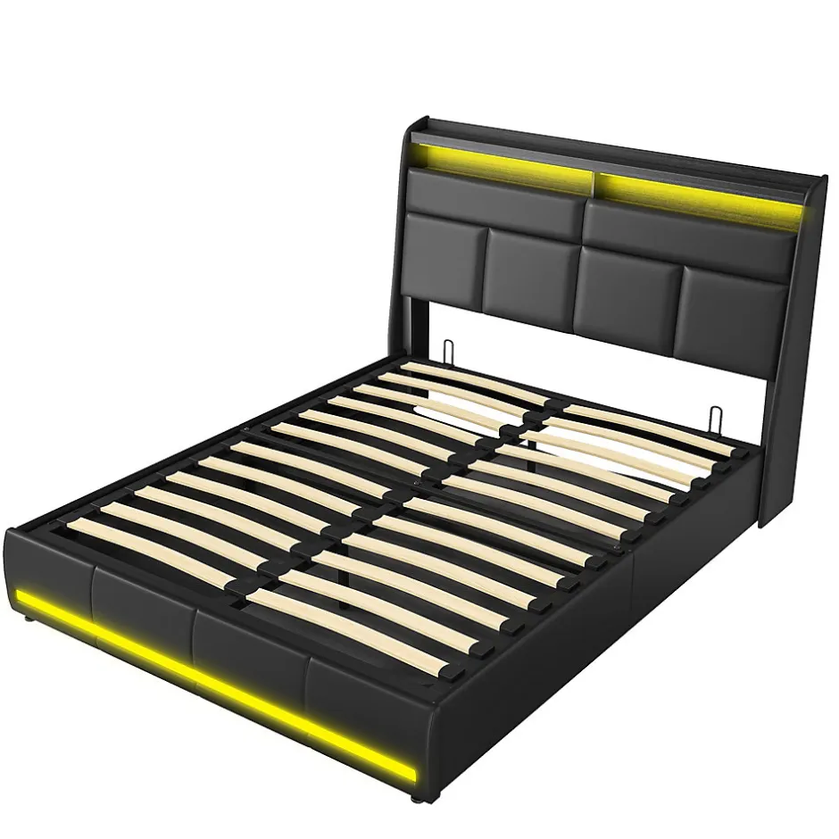 Simple Life Lit Coffre 160x200 Avec Sommier Et USB, LED, Cadre De Lit Avec Rangement Et Tete De Lit, Noir