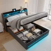 Simple Life Lit Coffre 160x200 Avec Sommier, Lit Coffre Avec Port USB De Type C, Éclairage LED, Lin, Gris