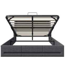 Simple Life Lit Coffre 160x200 Avec Sommier, Lit Coffre Avec Port USB De Type C, Éclairage LED, Lin, Gris