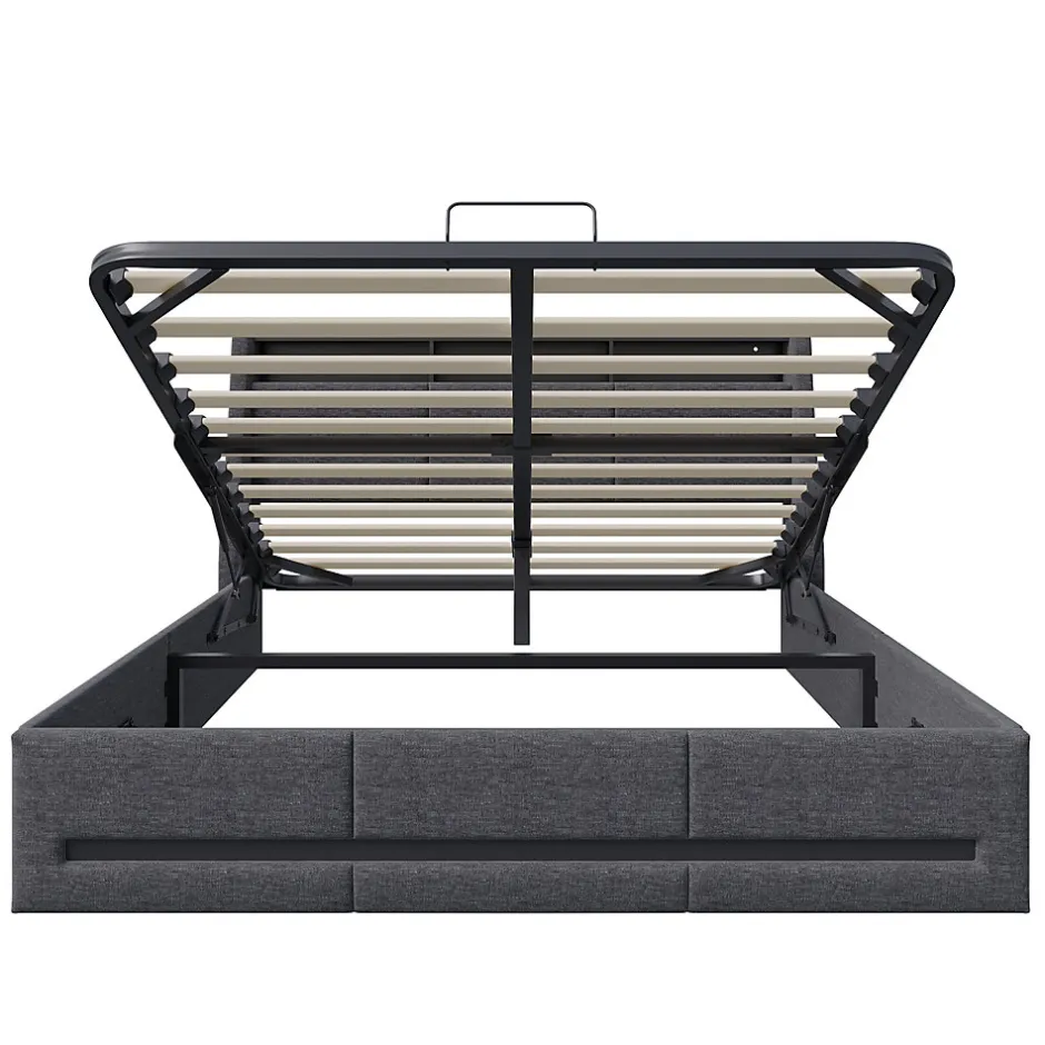 Simple Life Lit Coffre 160x200 Avec Sommier, Lit Coffre Avec Port USB De Type C, Éclairage LED, Lin, Gris