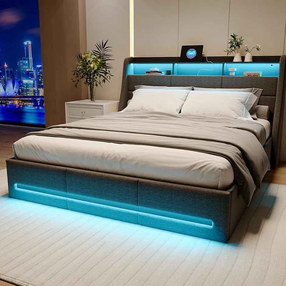 Simple Life Lit Coffre 160x200 Avec Sommier, Lit Coffre Avec Port USB De Type C, Éclairage LED, Lin, Gris