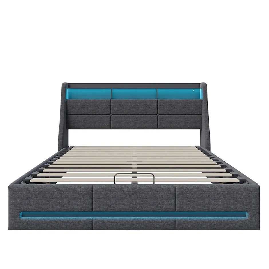 Simple Life Lit Coffre 160x200 Avec Sommier, Lit Coffre Avec Port USB De Type C, Éclairage LED, Lin, Gris
