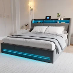 Simple Life Lit Coffre 160x200 avec Sommier, Lit Coffre avec Port USB de Type C, éclairage LED, Lin, Gris Sale