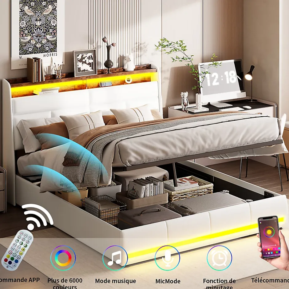 Fortuna lai lit Coffre 160x200 avec sommier et USB, LED, Cadre de lit avec Rangement et Tete de Lit, Blanc Online