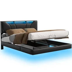Fortuna lai Lit Coffre 160x200 avec Sommier LED Hydraulique avec Rangement et Tete de Lit 2 Personnes Lits pour Adulte Coffre Noir+PU