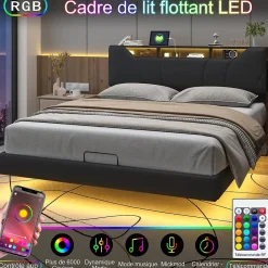Fortuna lai Lit Coffre 160x200 avec Sommier LED Hydraulique avec Rangement et Tete de Lit 2 Personnes Lits pour Adulte Coffre Noir+PU