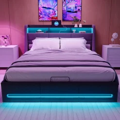 Simple Life Lit Coffre 140x200 avec Sommier, Lit Coffre avec Port USB de Type C, éclairage LED, Lin, Gris
