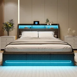 Simple Life Lit Coffre 140x200 avec Sommier, Lit Coffre avec Port USB de Type C, éclairage LED, Lin, Gris