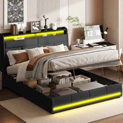 Simple Life Lit Coffre 140x200 Avec Sommier Et USB, LED, Cadre De Lit Avec Rangement Et Tete De Lit, Noir