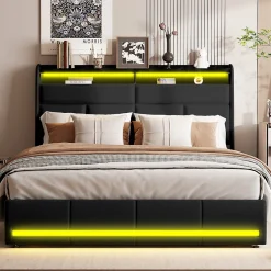 Simple Life Lit Coffre 140x200 Avec Sommier Et USB, LED, Cadre De Lit Avec Rangement Et Tete De Lit, Noir