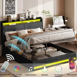 Simple Life Lit Coffre 140x200 Avec Sommier Et USB, LED, Cadre De Lit Avec Rangement Et Tete De Lit, Noir