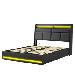 Simple Life Lit Coffre 140x200 Avec Sommier Et USB, LED, Cadre De Lit Avec Rangement Et Tete De Lit, Noir