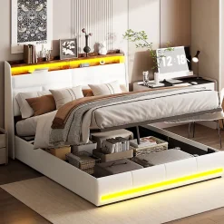 Simple Life Lit Coffre 160x200 Avec Sommier Et USB, LED, Cadre De Lit Avec Rangement Et Tete De Lit, Blanc Discount