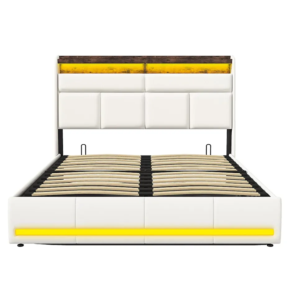 Simple Life Lit Coffre 160x200 Avec Sommier Et USB, LED, Cadre De Lit Avec Rangement Et Tete De Lit, Blanc Discount