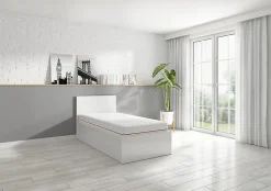 Pegane Lit coffre 90x200 avec sommier et rangement, coloris Blanc brillant - Longueur 204,5 x Profondeur 99 x Hauteur 95/40,5 cm