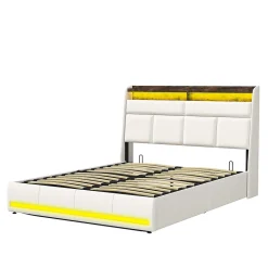 Simple Life Lit Coffre 160x200 Avec Sommier Et USB, LED, Cadre De Lit Avec Rangement Et Tete De Lit, Blanc
