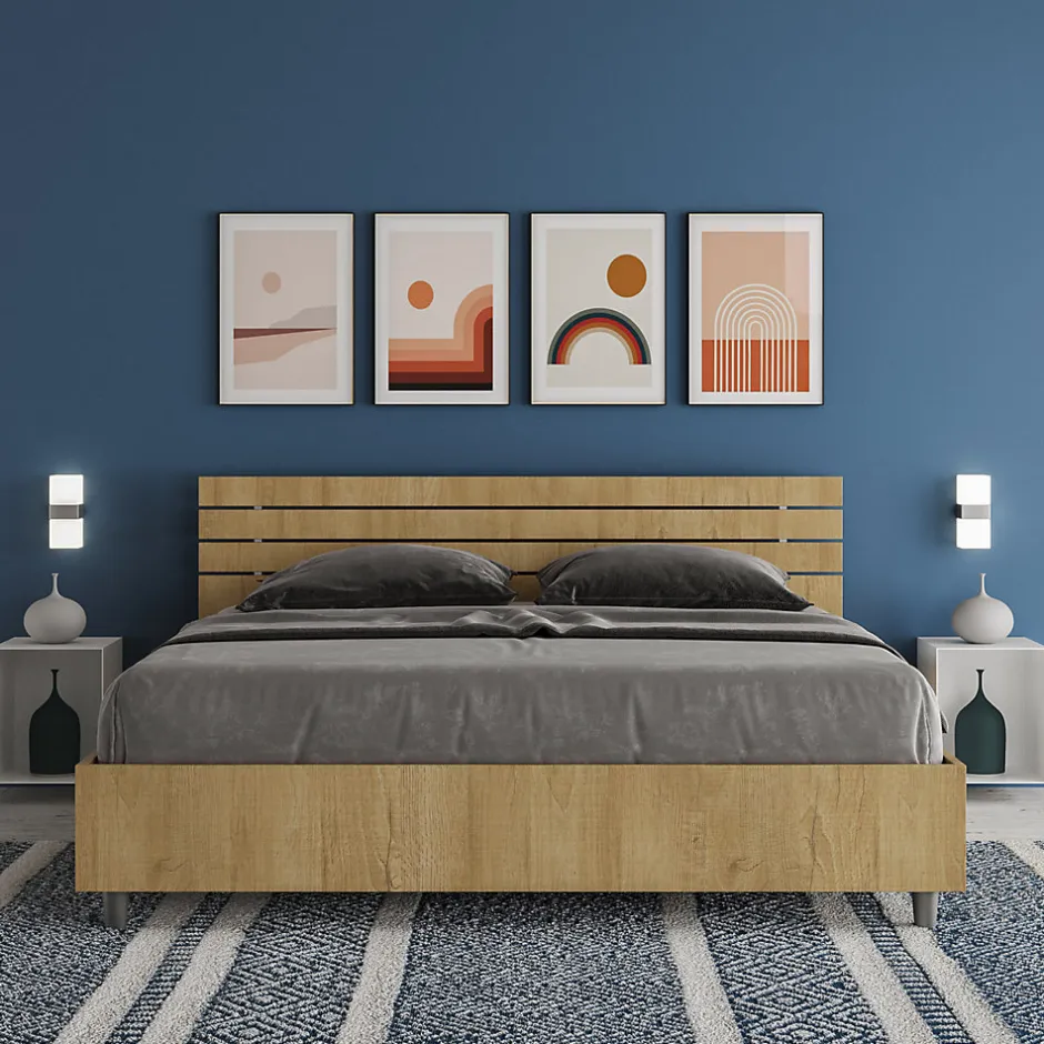 Ityhome Lit coffre 160x190 avec tête de lit inclinée à lattes en chêne Ankel