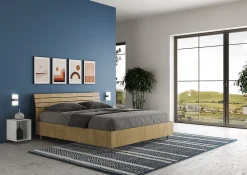 Ityhome Lit coffre 160x190 avec tête de lit inclinée à lattes en chêne Ankel