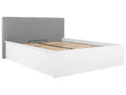 Pegane Lit coffre 160x200 avec tête de lit capitonnée ,coloris Blanc brillant/Textile Noir - L. 209,5 x P. 176 x H. 95/40,5 cm
