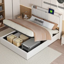 Simple Life Lit Coffre 140x200 avec USB et Type C, Lit capitonné avec Sommier à Lattes, Lit Double, Beige