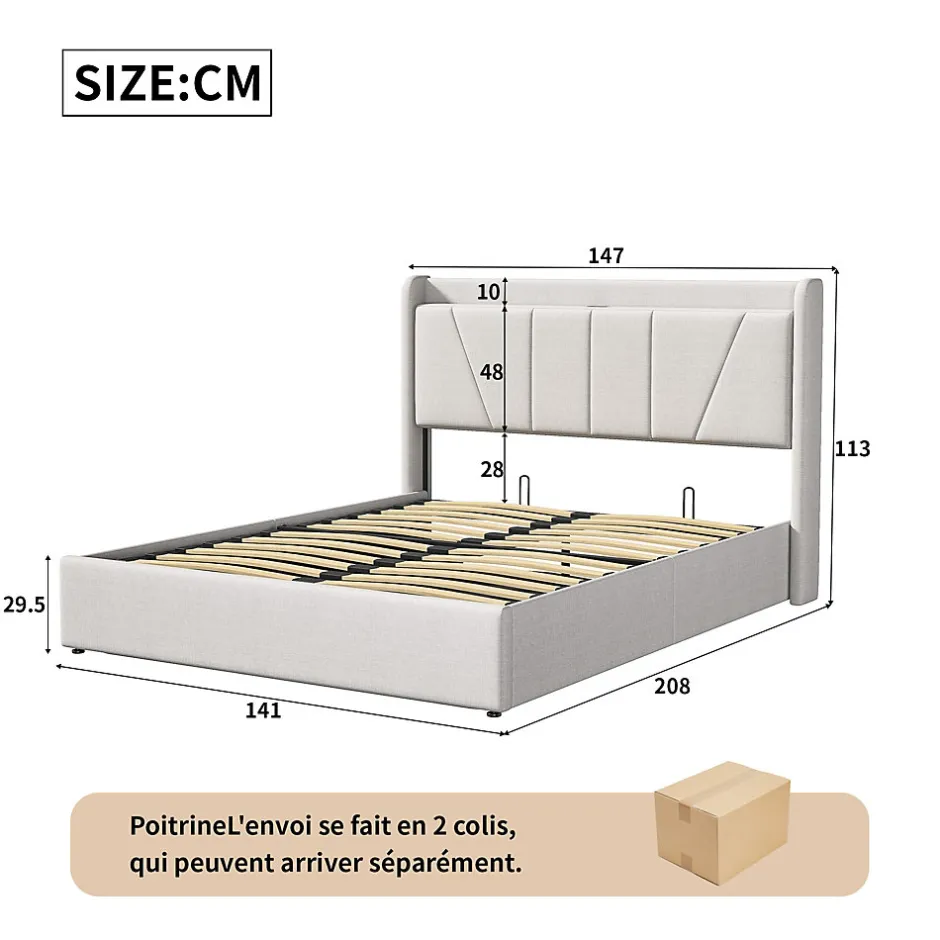 Simple Life Lit Coffre 140x200 avec USB et Type C, Lit capitonné avec Sommier à Lattes, Lit Double, Beige