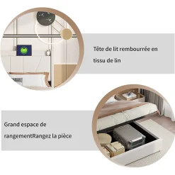 Simple Life Lit Coffre 140x200 avec USB et Type C, Lit capitonné avec Sommier à Lattes, Lit Double, Beige