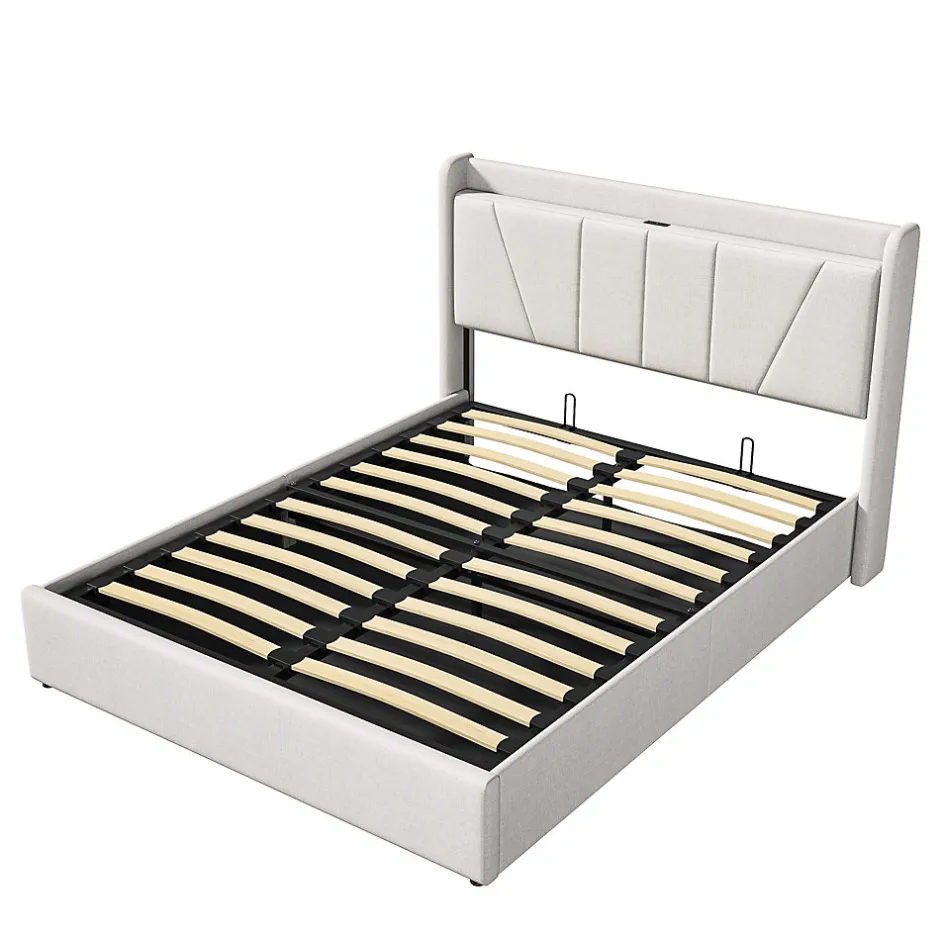 Simple Life Lit Coffre 140x200 avec USB et Type C, Lit capitonné avec Sommier à Lattes, Lit Double, Beige