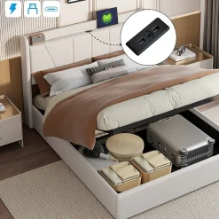 Simple Life Lit Coffre 140x200 avec USB et Type C, Lit capitonné avec Sommier à Lattes, Lit Double, Beige