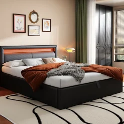 Okwish Lit Coffre 140x190 cm - Capitonné avec LED Multicolores et Rangement - Simili Cuir Noir - Sans Matelas Sale