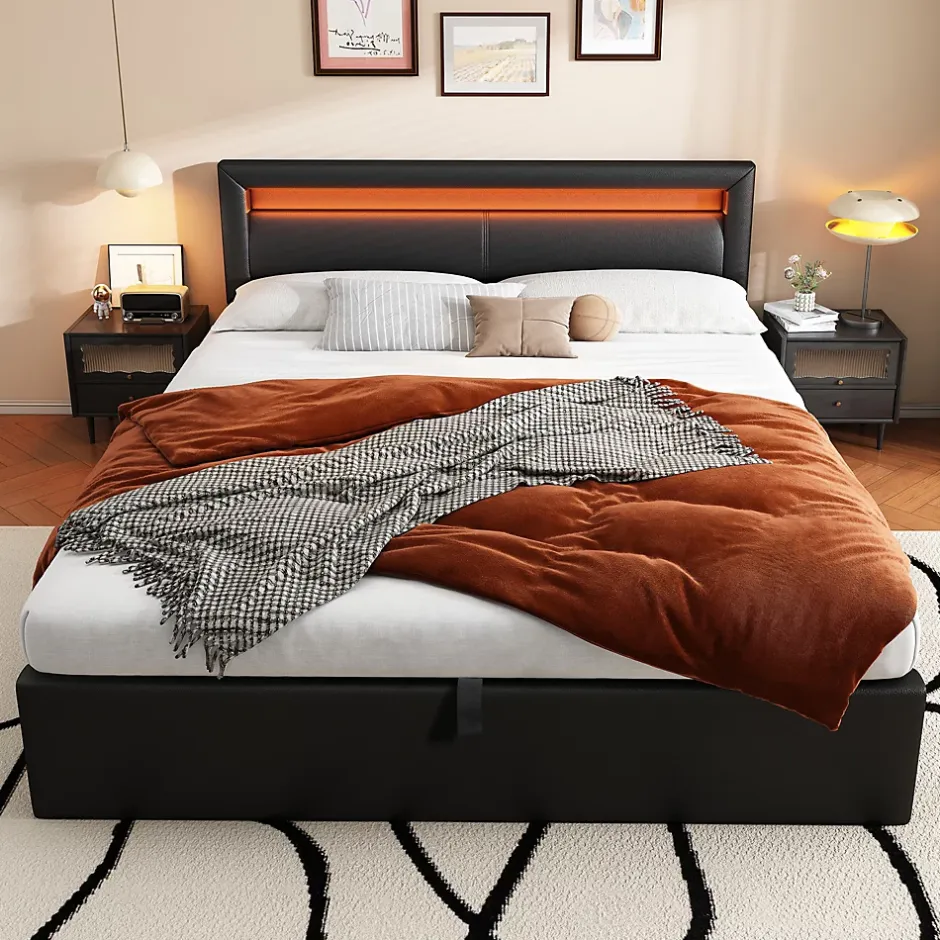 Okwish Lit Coffre 140x190 cm - Capitonné avec LED Multicolores et Rangement - Simili Cuir Noir - Sans Matelas Sale