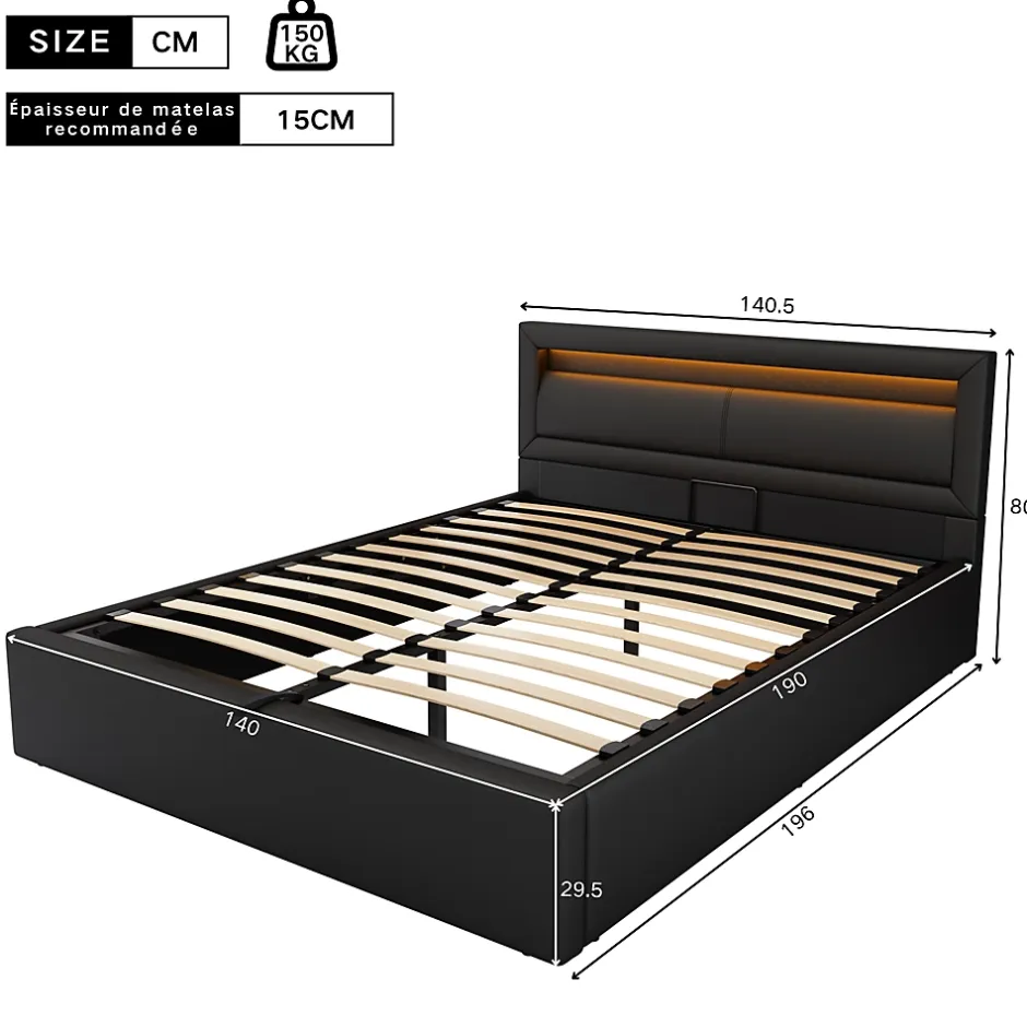 Okwish Lit Coffre 140x190 cm - Capitonné avec LED Multicolores et Rangement - Simili Cuir Noir - Sans Matelas Sale