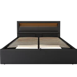Okwish Lit Coffre 140x190 cm - Capitonné avec LED Multicolores et Rangement - Simili Cuir Noir - Sans Matelas Sale
