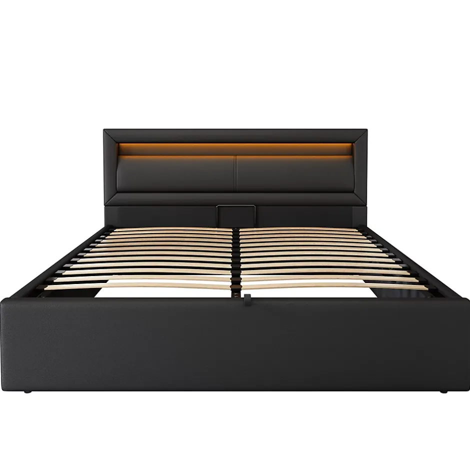 Okwish Lit Coffre 140x190 cm - Capitonné avec LED Multicolores et Rangement - Simili Cuir Noir - Sans Matelas Sale