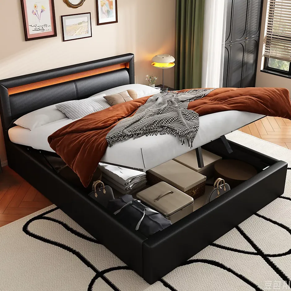 Okwish Lit Coffre 140x190 cm - Capitonné avec LED Multicolores et Rangement - Simili Cuir Noir - Sans Matelas Sale