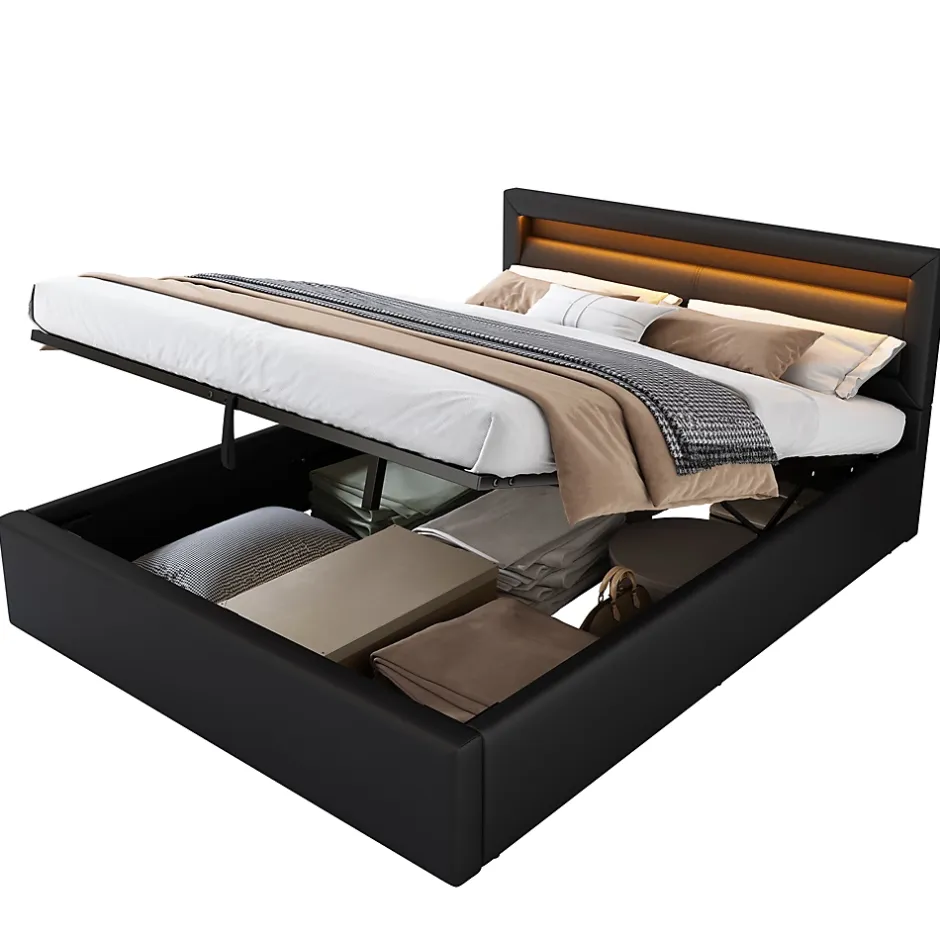 Okwish Lit Coffre 140x190 cm - Capitonné avec LED Multicolores et Rangement - Simili Cuir Noir - Sans Matelas Sale