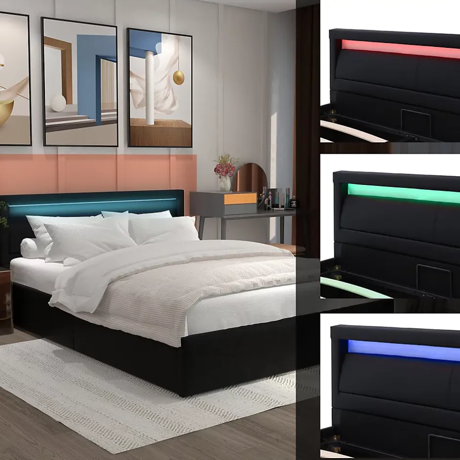 Okwish Lit Coffre 140x190 cm - Capitonné avec LED Multicolores et Rangement - Simili Cuir Noir - Sans Matelas Sale