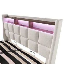 Okwish Lit coffre 160x200 cm - Lit ados avec USB et LED - Lin - Sans Matelas - Beige New