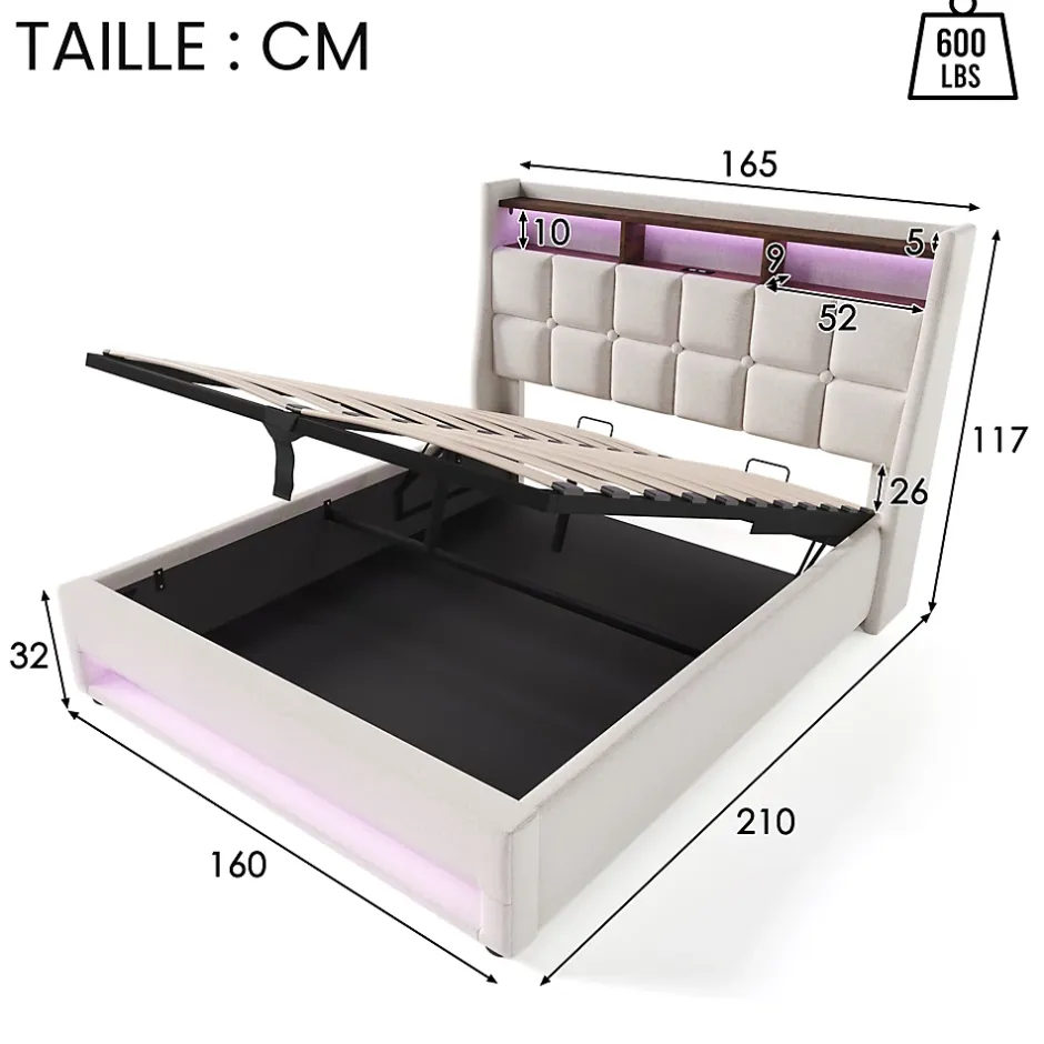 Okwish Lit coffre 160x200 cm - Lit ados avec USB et LED - Lin - Sans Matelas - Beige New