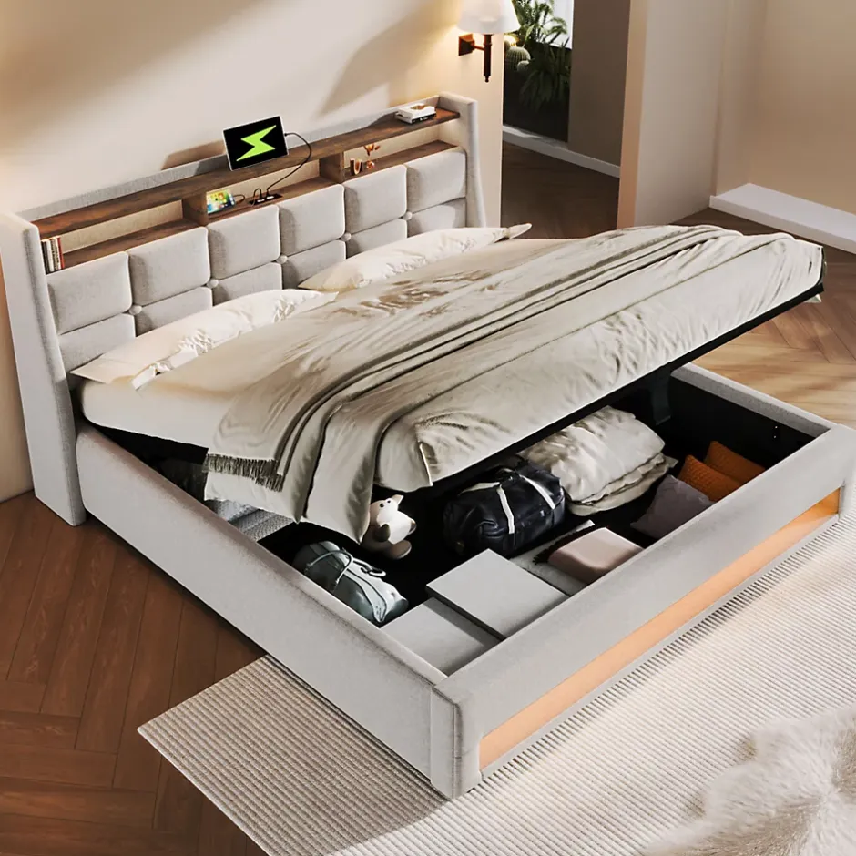 Okwish Lit coffre 160x200 cm - Lit ados avec USB et LED - Lin - Sans Matelas - Beige New