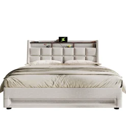 Okwish Lit coffre 160x200 cm - Lit ados avec USB et LED - Lin - Sans Matelas - Beige New