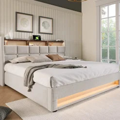 Okwish Lit coffre 160x200 cm - Lit ados avec USB et LED - Lin - Sans Matelas - Beige New