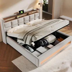 Okwish Lit coffre 180x200 cm - Lit ados avec USB et LED - Lin - Sans Matelas - Beige
