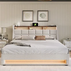 Okwish Lit coffre 180x200 cm - Lit ados avec USB et LED - Lin - Sans Matelas - Beige