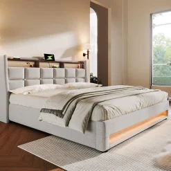 Okwish Lit coffre 180x200 cm - Lit ados avec USB et LED - Lin - Sans Matelas - Beige