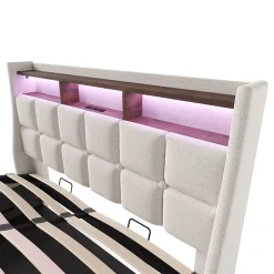 Okwish Lit coffre 180x200 cm - Lit ados avec USB et LED - Lin - Sans Matelas - Beige