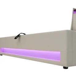 Okwish Lit coffre 180x200 cm - Lit ados avec USB et LED - Lin - Sans Matelas - Beige