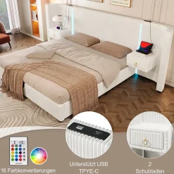 Okwish Lit Coffre 180x200 cm - Lit Adulte avec LED et 2 Tiroirs - Velours + MDF - Sans Matelas - Beige Outlet